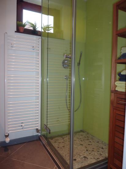 douche avec paroi en verre coloré et paroi sur mesure